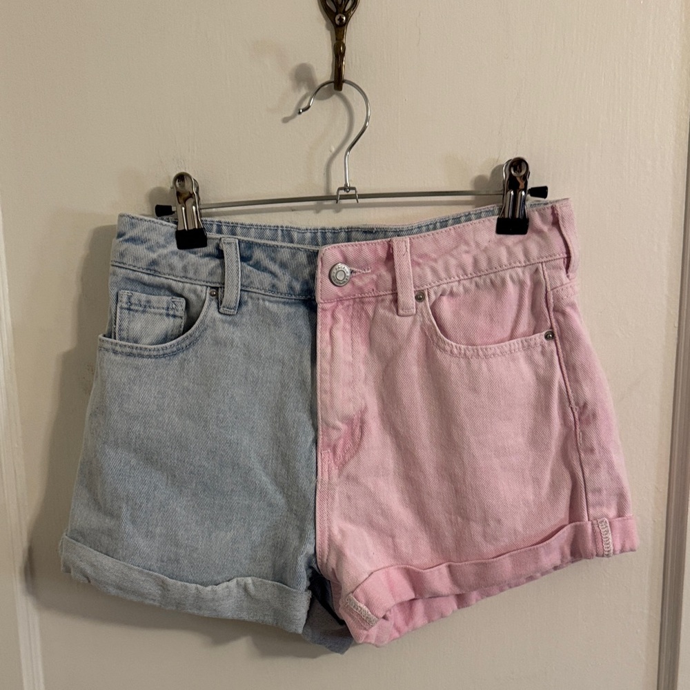 PACSUN pink and Light Blue Color Block Cuffed Jean Shorts SZ 25